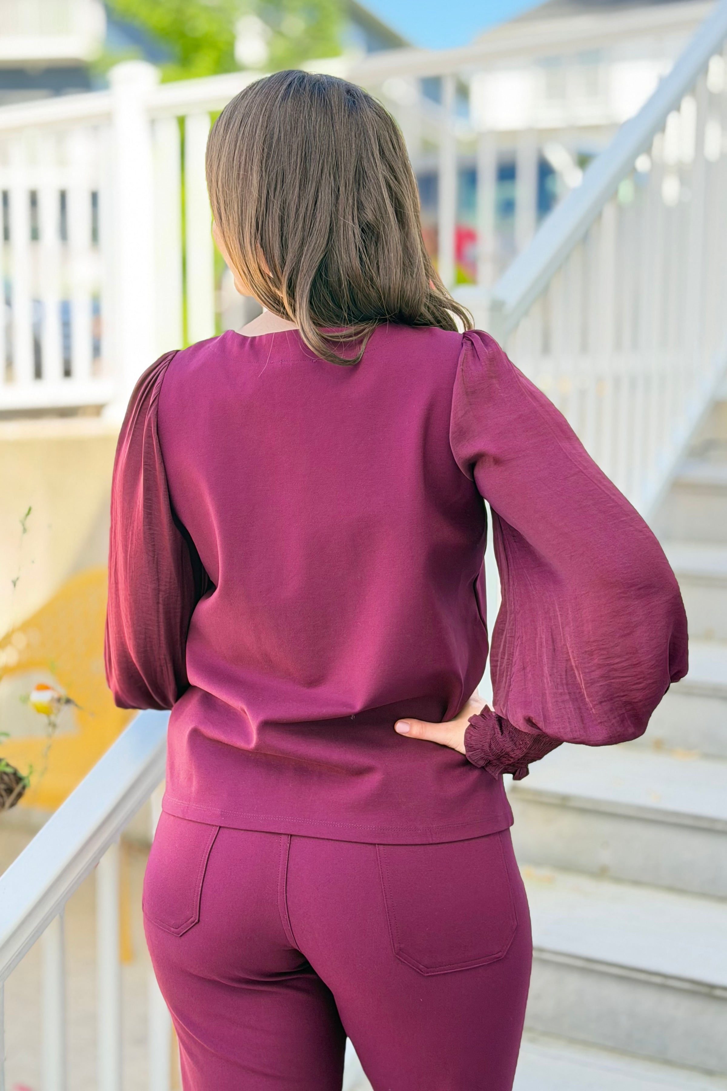 Scoop Neck Smocked Sleeve Top - Wine