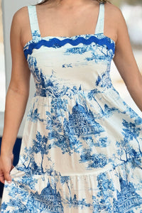 Landscape Print Tiered Dress - Blue