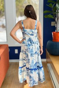 Landscape Print Tiered Dress - Blue