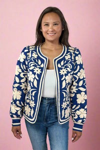 Flower Print Open Front Jacket