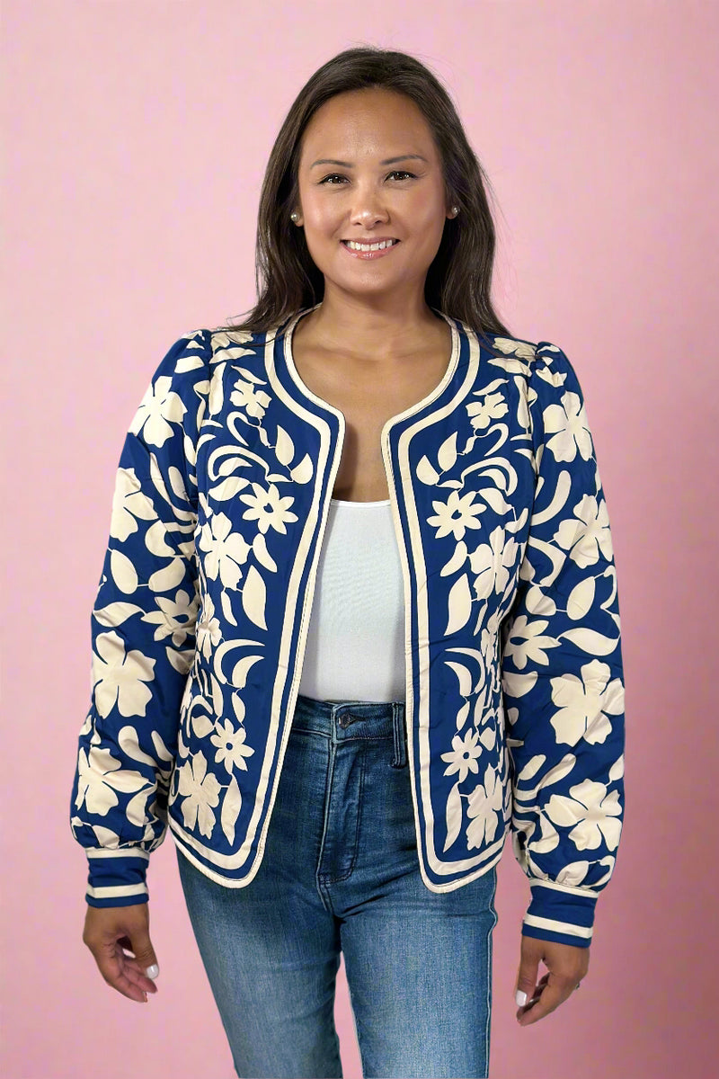 Flower Print Open Front Jacket