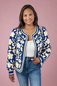 Flower Print Open Front Jacket