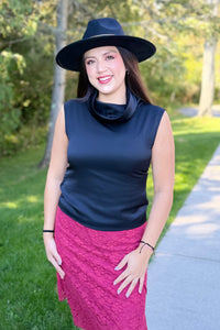 Sleeveless Cowl Neck Satin Top - Black