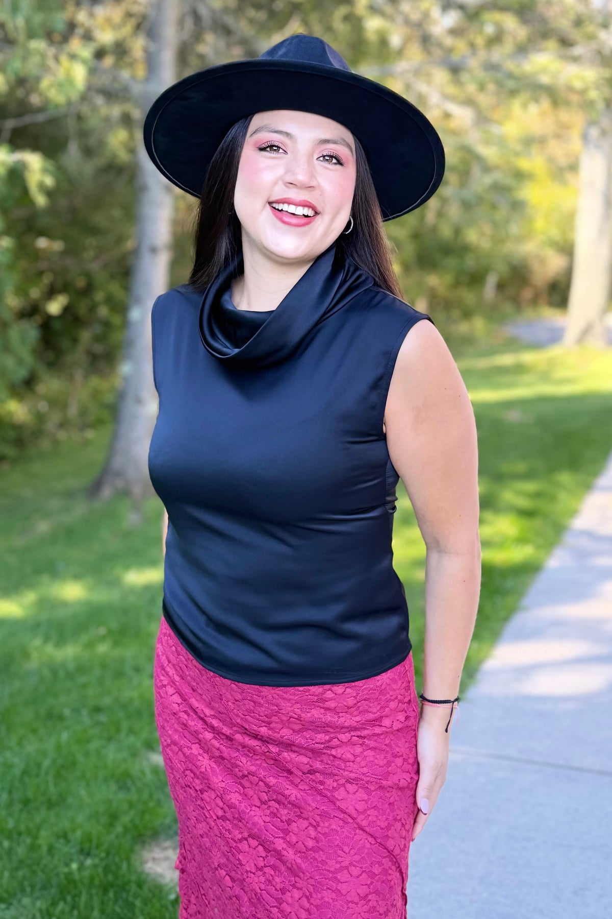 Sleeveless Cowl Neck Satin Top - Black