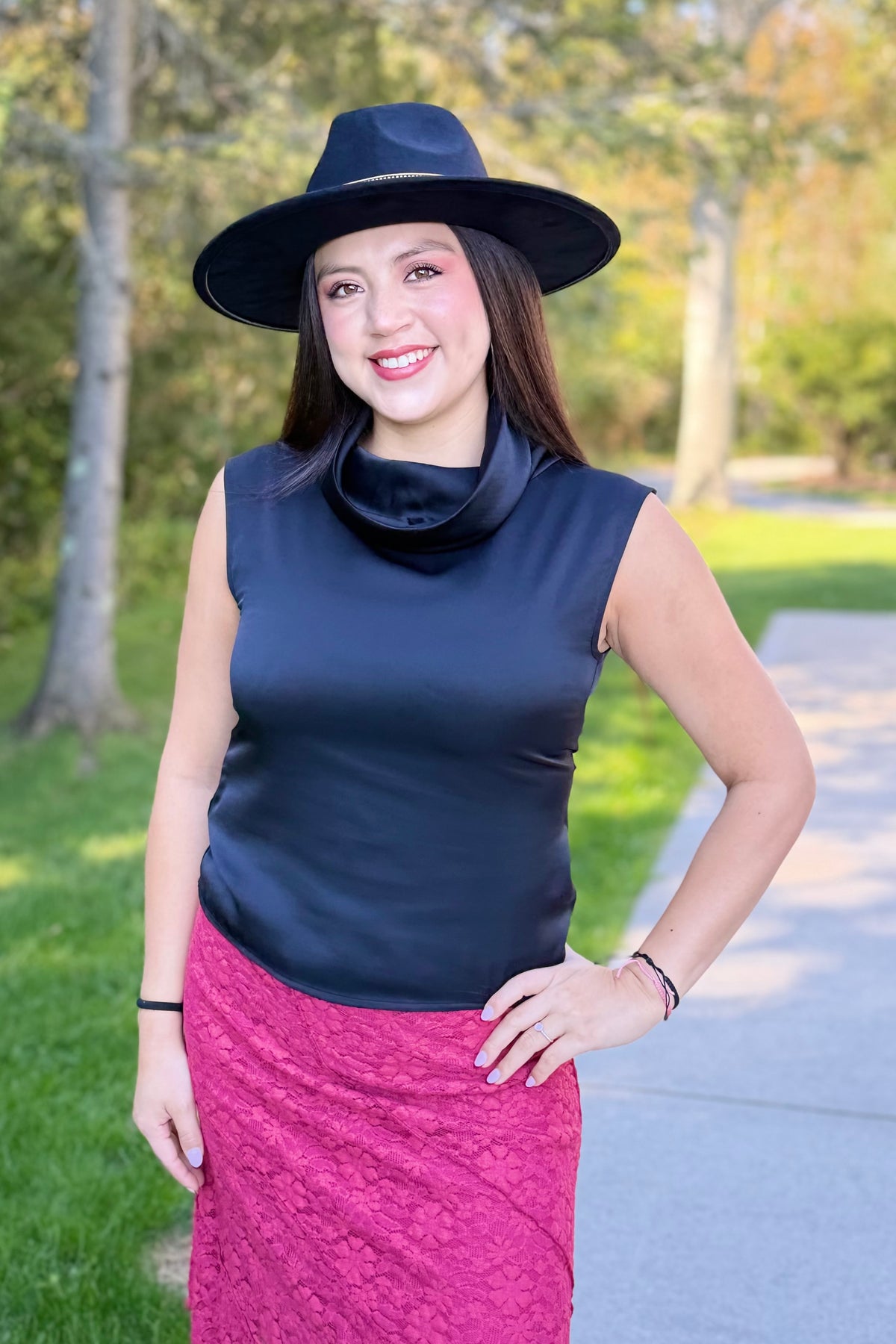 Sleeveless Cowl Neck Satin Top - Black