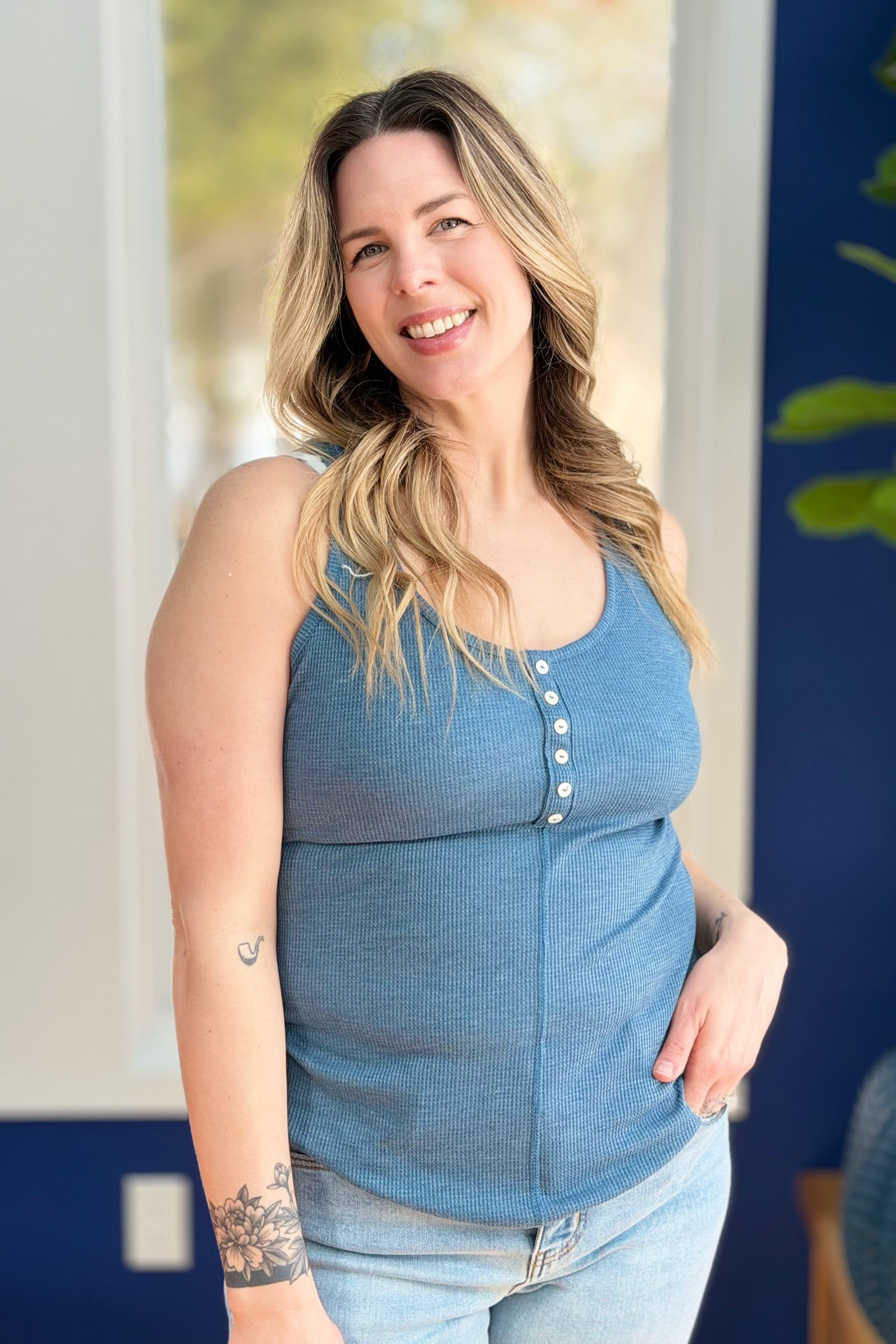 Button Front Tank Top - Vintage Teal