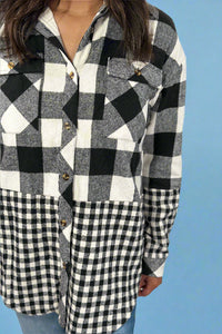 Double Plaid Drawstring Hooded Shacket