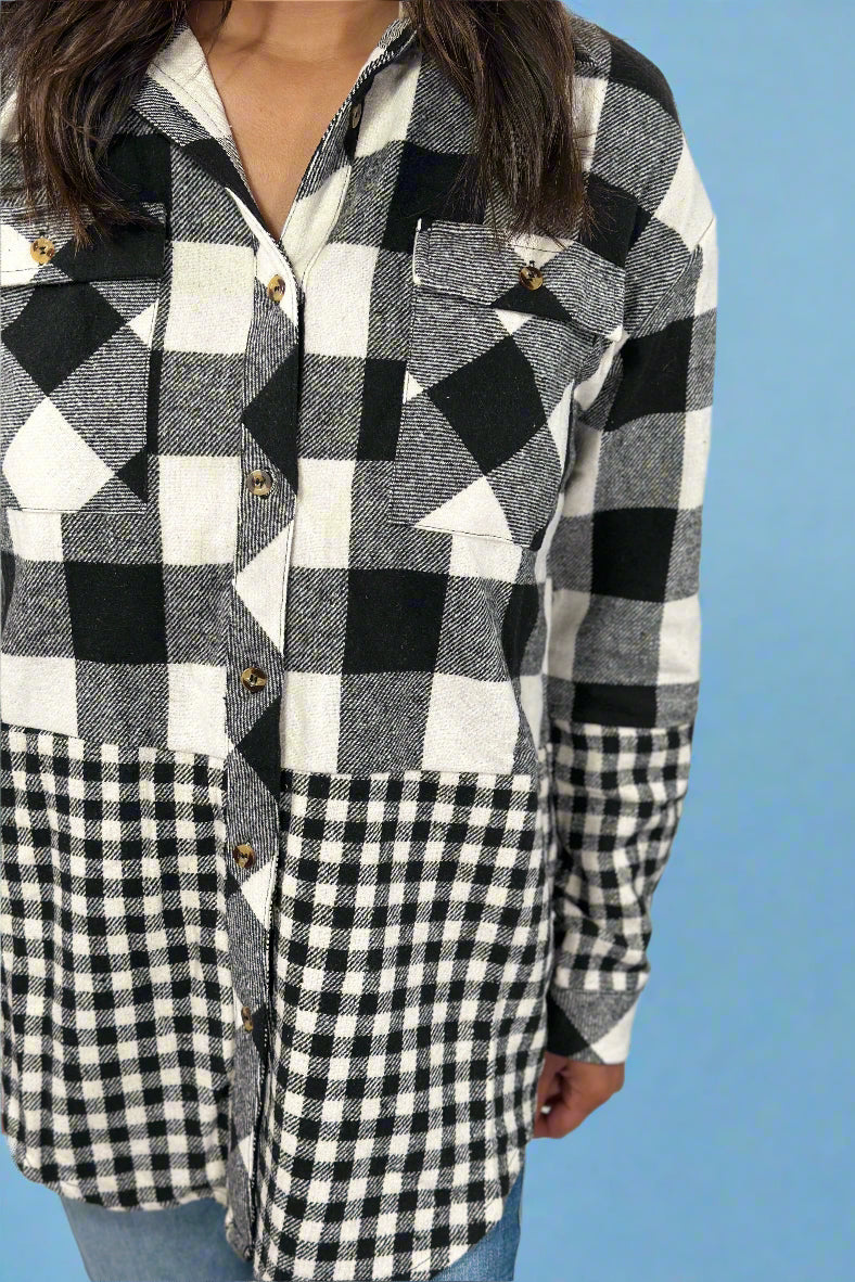 Double Plaid Drawstring Hooded Shacket