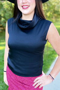 Sleeveless Cowl Neck Satin Top - Black