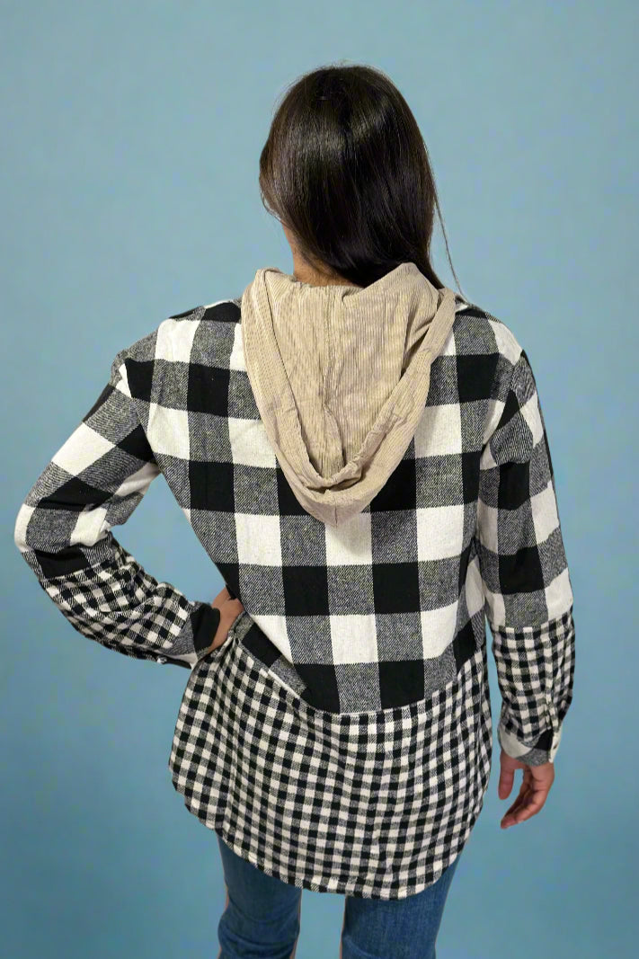 Double Plaid Drawstring Hooded Shacket