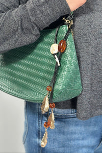 Woven Shoulder Bag With Charm - Green