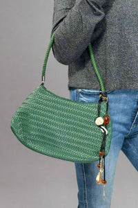 Woven Shoulder Bag With Charm - Green