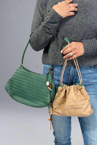 Woven Shoulder Bag With Charm - Green