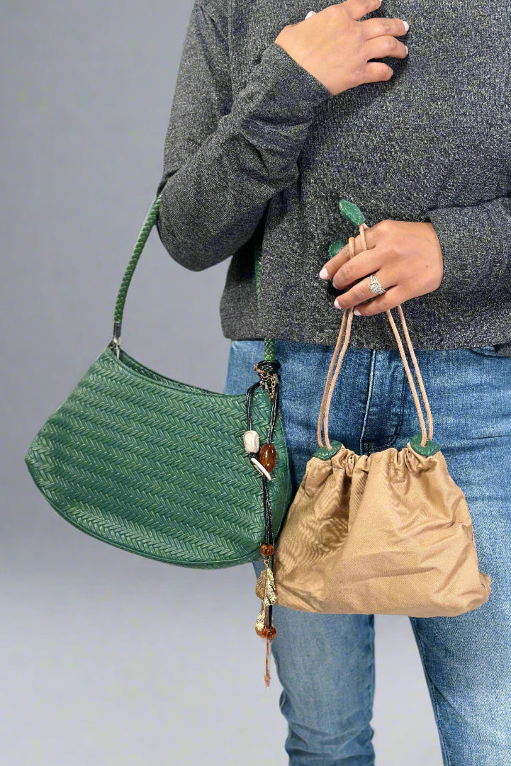 Woven Shoulder Bag With Charm - Green