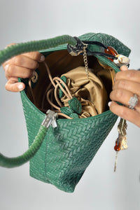 Woven Shoulder Bag With Charm - Green