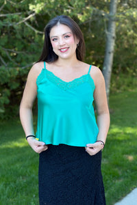Front Lace Satin Cami Top - Green