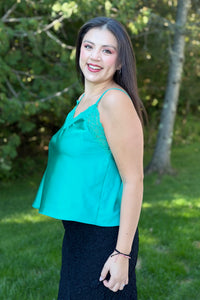 Front Lace Satin Cami Top - Green
