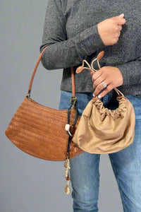 Woven Shoulder Bag With Charm - Brown