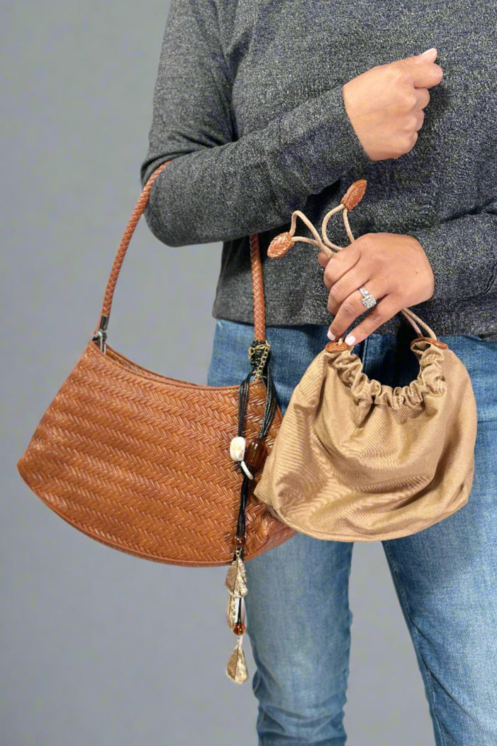 Woven Shoulder Bag With Charm - Brown