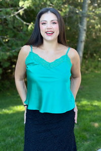 Front Lace Satin Cami Top - Green