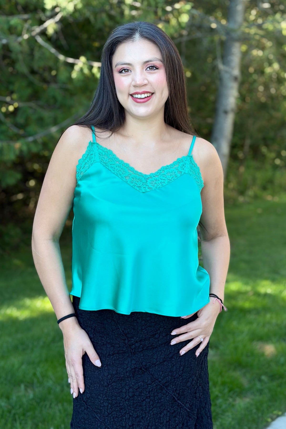 Front Lace Satin Cami Top - Green