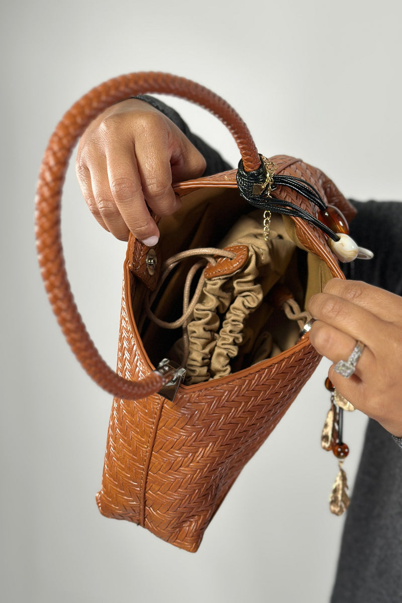 Woven Shoulder Bag With Charm - Brown