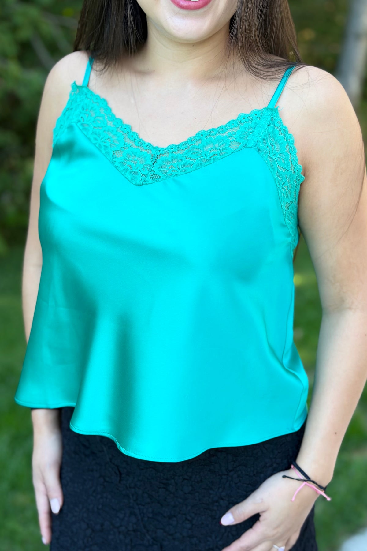 Front Lace Satin Cami Top - Green