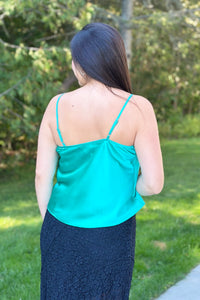 Front Lace Satin Cami Top - Green