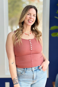 Button Front Tank Top - Vintage Marsala