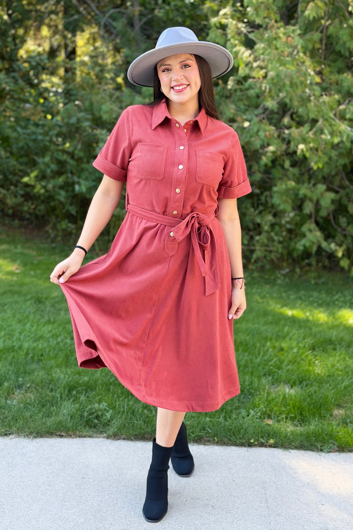 Button Down Corduroy Shirt Dress - Terracotta