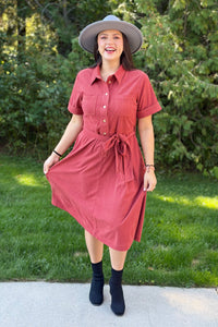 Button Down Corduroy Shirt Dress - Terracotta