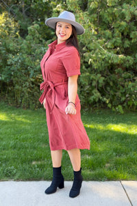 Button Down Corduroy Shirt Dress - Terracotta