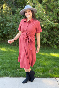 Button Down Corduroy Shirt Dress - Terracotta