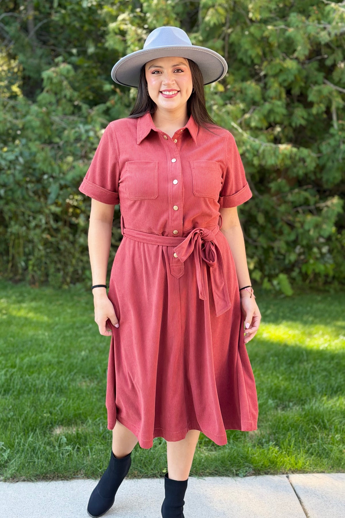 Button Down Corduroy Shirt Dress - Terracotta