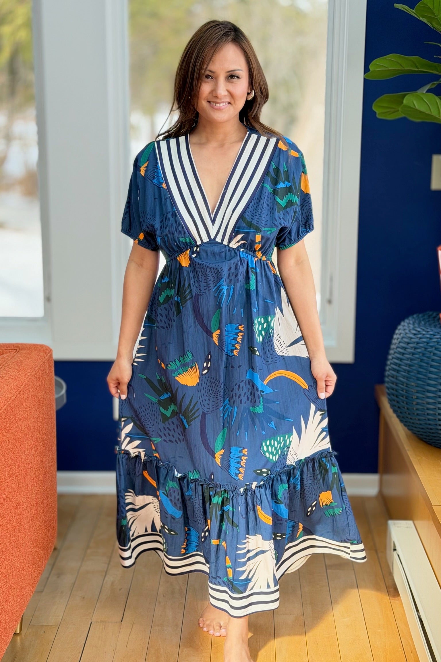 Abstract Striped Contrast Trim Midi Dress