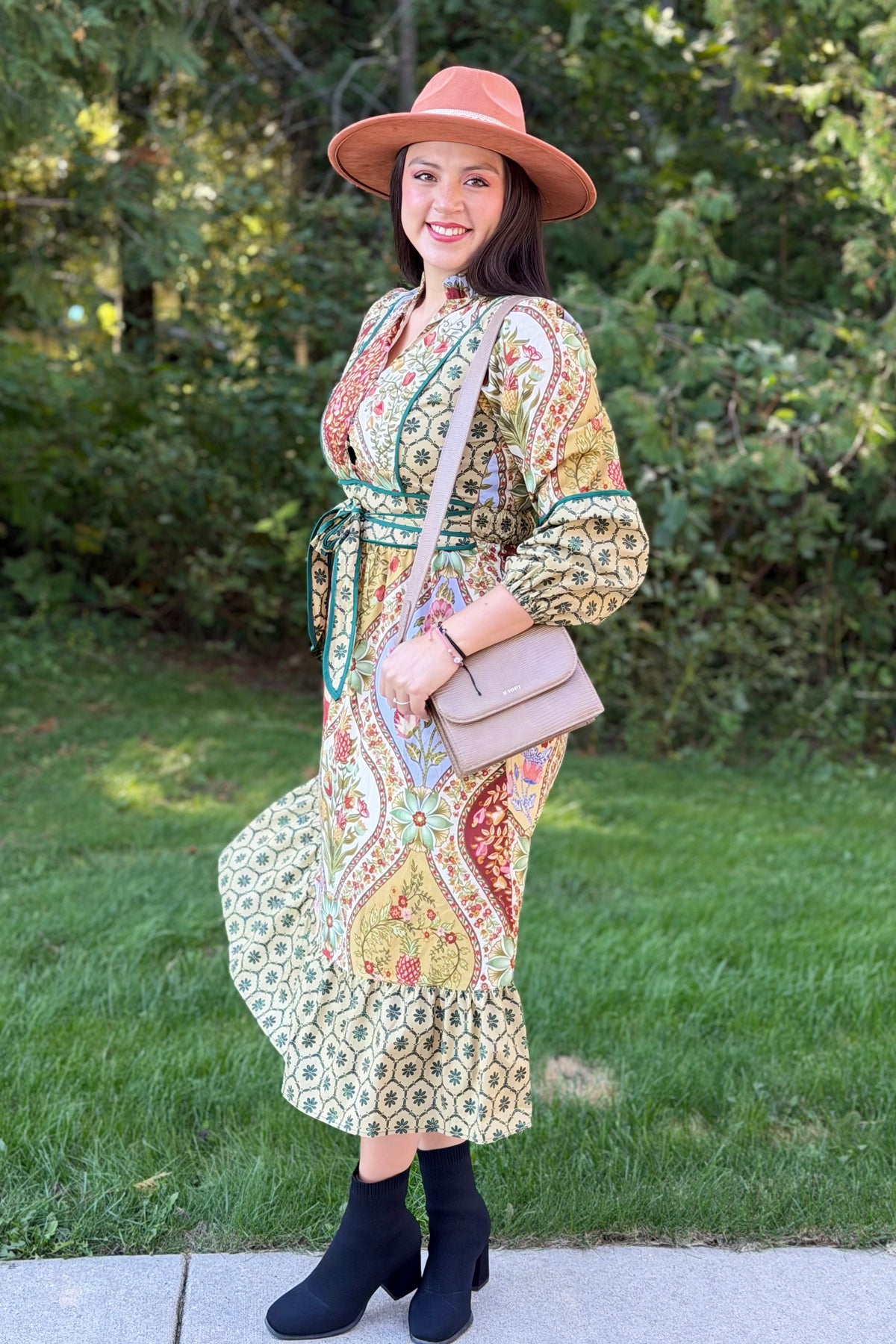 Mixed Floral Contrast Piping Dress - Olive
