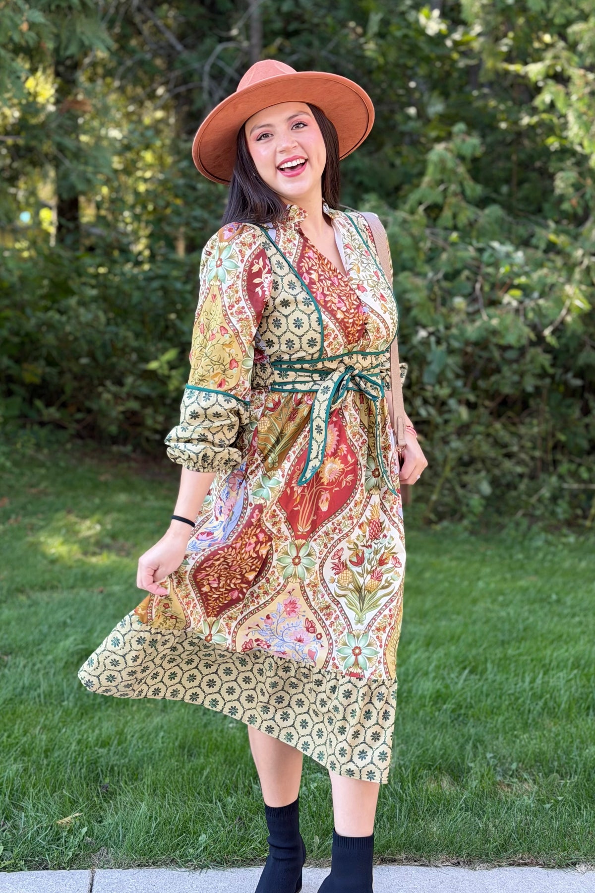 Mixed Floral Contrast Piping Dress - Olive