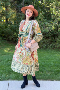 Mixed Floral Contrast Piping Dress - Olive