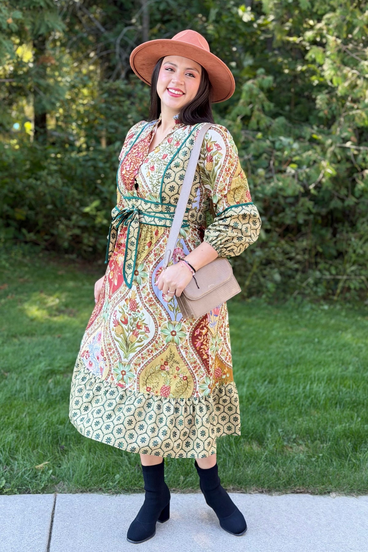 Mixed Floral Contrast Piping Dress - Olive