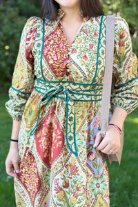 Mixed Floral Contrast Piping Dress - Olive