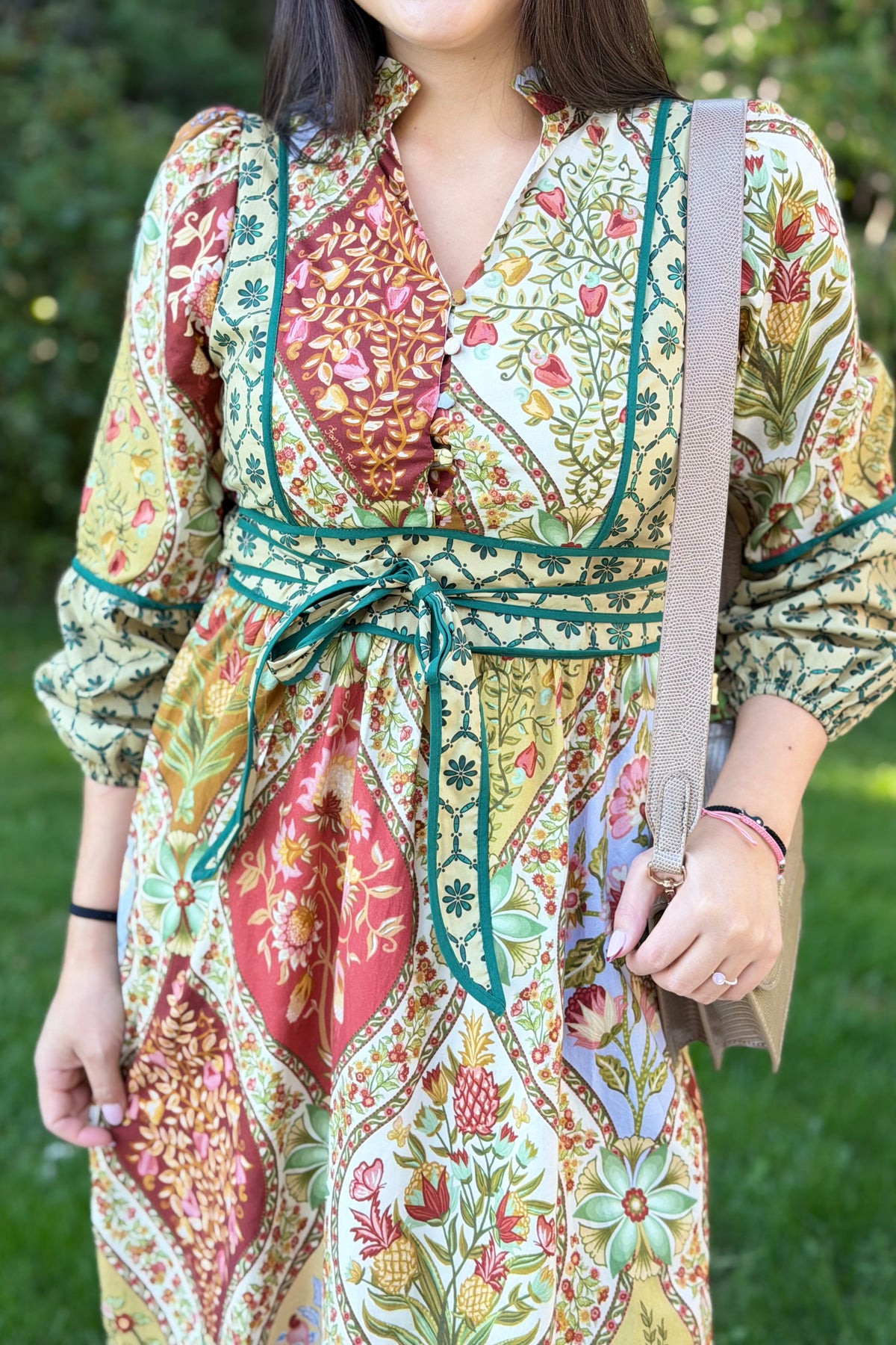 Mixed Floral Contrast Piping Dress - Olive