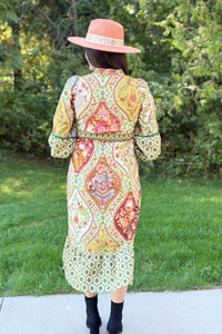 Mixed Floral Contrast Piping Dress - Olive