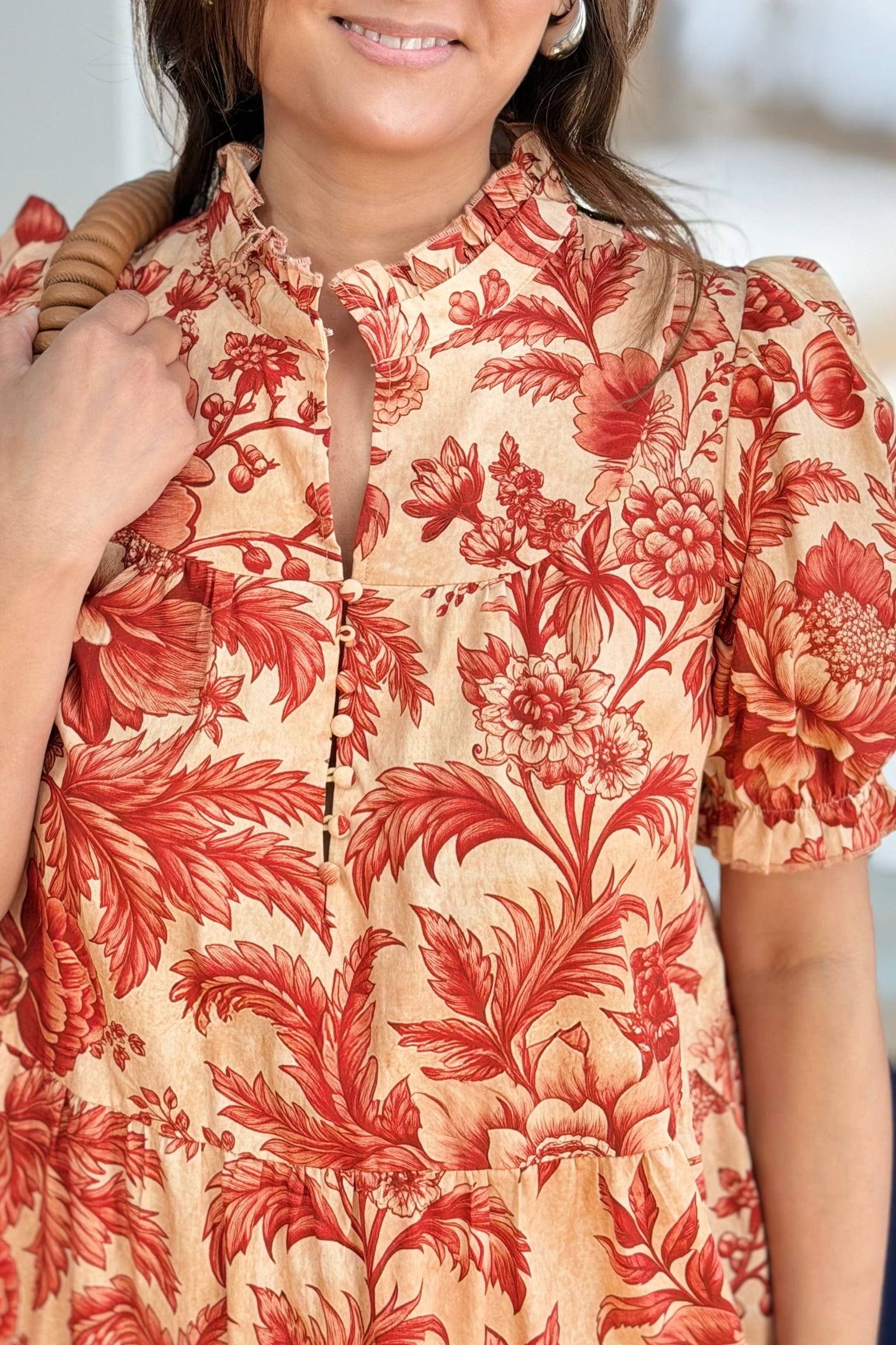 Floral Print Ruffled Neckline Mini Dress