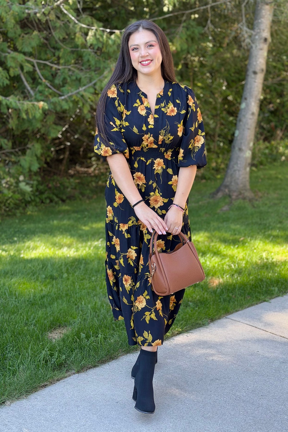 Tiered Floral Midi Dress - Black