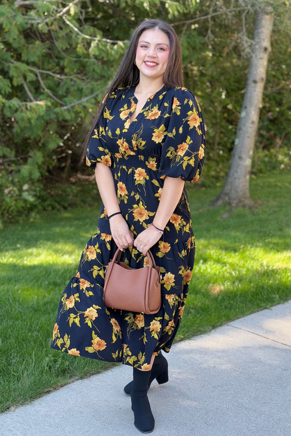 Tiered Floral Midi Dress - Black