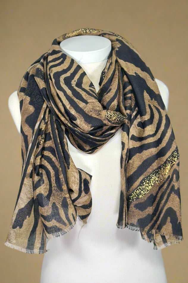 Lightweight scarf with brown, black, and gold metallic animal print.