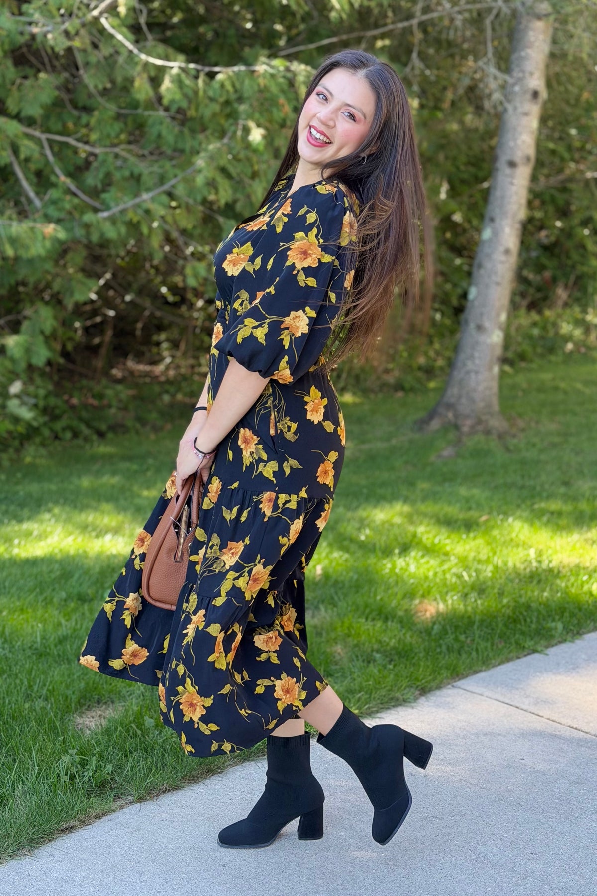 Tiered Floral Midi Dress - Black