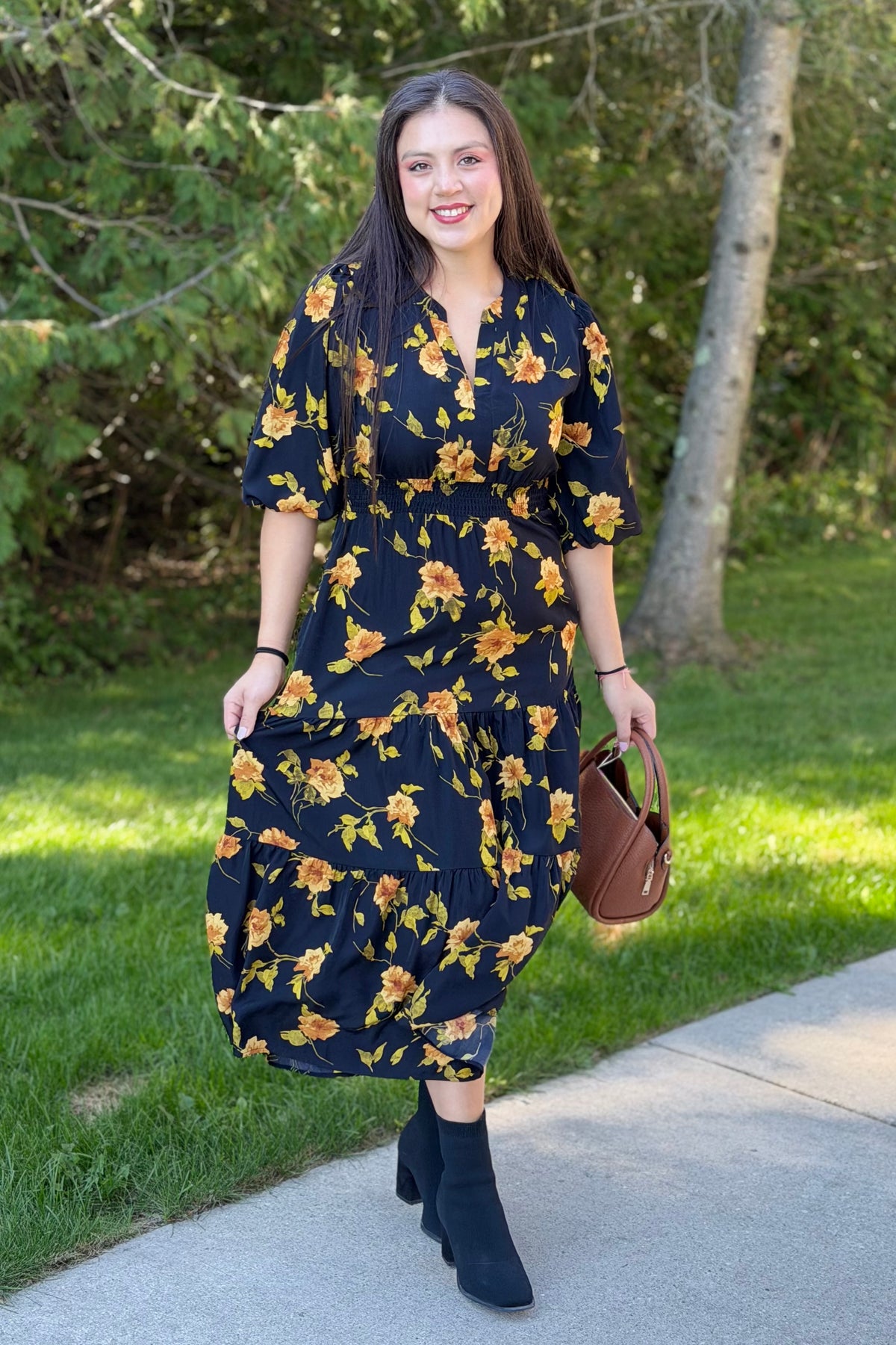 Tiered Floral Midi Dress - Black