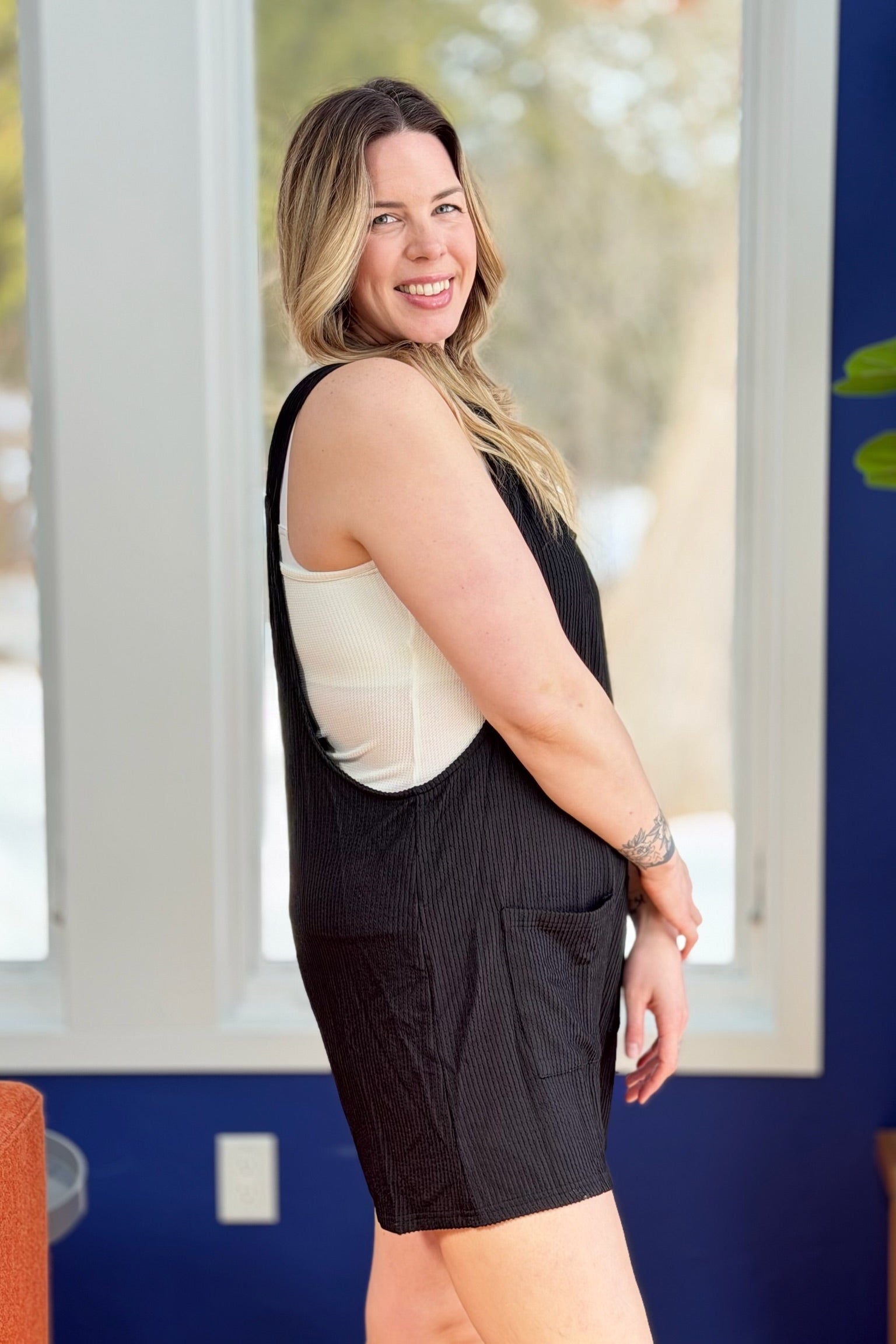 Textured Overall with Shoulder Tie - Black