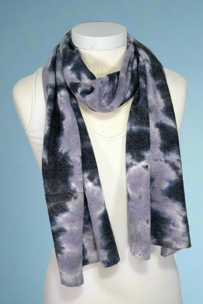 Lightweight winter knit scarf with black and grey tie dye print.